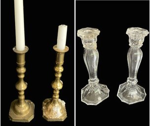 PR OF ANTIQUE BRONZE AND VINTAGE CLEAR GLASS CANDLE STICK HOLDERS