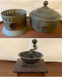 ANTIQUE HEATER POT AND HAND OPERATED COFFEE GRINDER