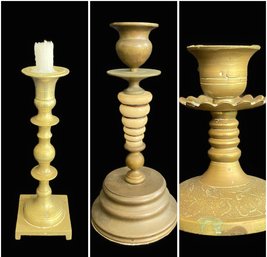 PR OF BRASS AND 1 WOODEN HAND MADE CANDLE STICK HOLDERS