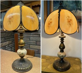 PR OF ANTIQUE LEADED SLAG GLASS TABLE LAMPS WITH BRASS BASE