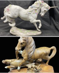 HAND CARVED WILD HORSES SCULPTURE AND PORCELAIN UNICORN