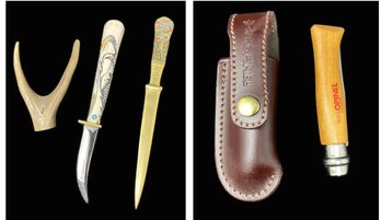 PAIR OF ORNATE DECORATIVE LETTER OPENERS AND A FOLDING KNIFE WITH SHEATH