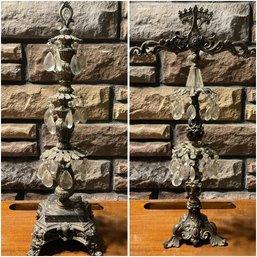 PAIR OF VINTAGE ORNATE BRASS AND MARBLE TOWER DECOR AND BRASS ARMS OF JUSTICE SCALE DECOR