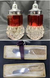 PR OF RUBY RED SALT AND PEPPER SHAKER AND PR OF VINTAGE RESERVE SPREADERS