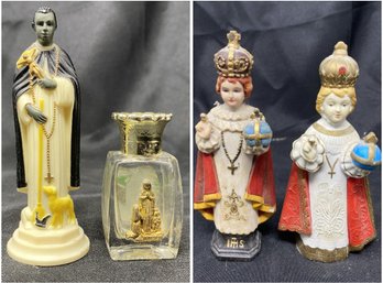 COLLECTION OF RELIGIOUS FIGURINES AND EMPTY GLASS HOLY WATER BOTTLE