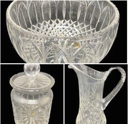 COLLECTION OF CRYSTAL WARE FEATURING LIDDED WATERFORD CANDY DISH