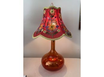 VINTAGE RED GLASS TABLE LAMP WITH RED FLORAL SHADE