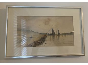 SILVER FRAMED WATERCOLOR '2 SAILBOATS AT SHORE'