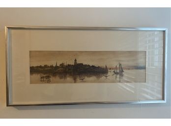 VINTAGE SILVER FRAMED WATERCOLOR 'PANORAMIC SHORELINE'