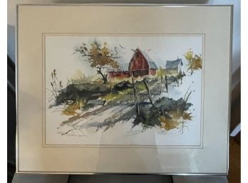 VINTAGE SILVER FRAMED WATERCOLOR 'RED BARN' SIGNED BY DR. JOSEPH ROBINSON