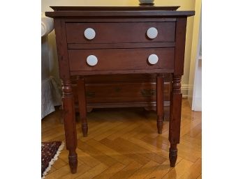 2 DRAWER ANTIQUE SIDE TABLE WITH WHITE PULL KNOBS