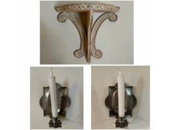 PAIR OF VINTAGE PEWTER CANDLE HOLDER WALL SCONCES AND CERAMIC SCONCE SHELF