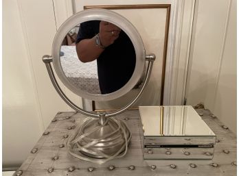 LIGHTED VANITY MIRROR AND MIRRORED JEWELRY BOX