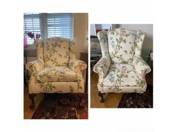 PAIR OF CLAWFOOT UPHOLSTERED WINGBACK ARMCHAIRS