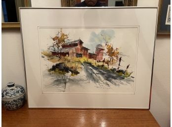 VINTAGE SILVER FRAMED WATERCOLOR 'RED BARN WITH SILO' SIGNED BY DR. JOSEPH ROBINSON