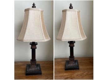 PR OF TABLE LAMPS WITH COLUMN BASE AND BEIGE LAMP SHADE