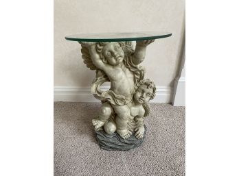 Round Vintage Cherub/angel Side Table With Glass Top