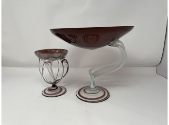 Pair Of Footed Hand Blown Art Glass Tazzas Or Shallow Compotes