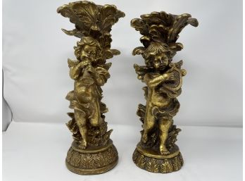 Pair Of Vintage Brass Angel Tea Light Candle Holders