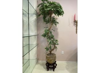 6 Ft Life Like Artificial Ficus Tree In Ceramic Planter With Wooden Plant Stand