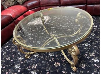 Oval Gilt Metal Scrolled Base Glass Top Coffee Table