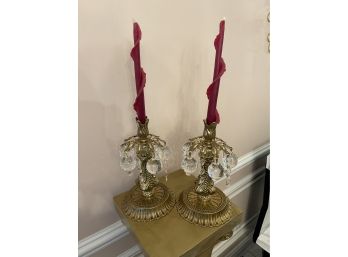 Crystal And Brass Pair Of Candle Holders