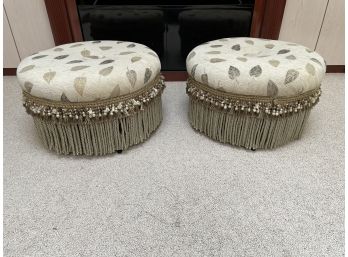 Pair Of Fringed / Beaded Ottomans With Leaf Design