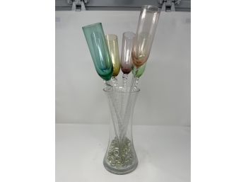 Set Of 6 Multi Color Stemless Champagne Flutes With Vase