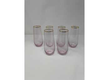 Set Of 6 Rosado Pink Stemless Gold Trimmed Champagne Flutes