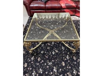 Square Gilt Metal Scrolled Base Glass Top Coffee Table