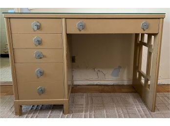 Vintage Lindstrom Furniture 6 Drawer Desk With Custom Glass Top