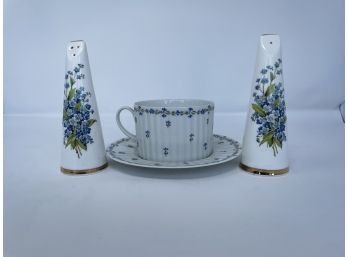 4 PC Mixed Set Of Fine Bone China Cup/saucer And Salt/Pepper Shakers