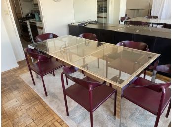 Mid Century Modern Chrome Glass Top Expanding Dining Table With 6 Saddle Chairs