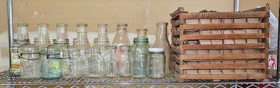 R0 - Assorted Glass Bottles, Jars, And Vintage Egg Carton Box