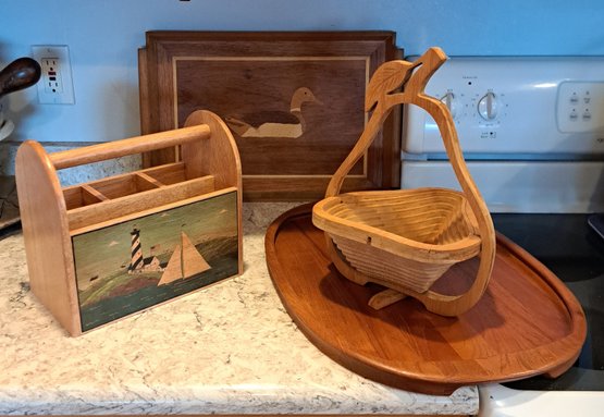 R2 Wooden Collapsible Fruit Basket, Two Wood Serving Trays, Wooden Utensil Organzier.