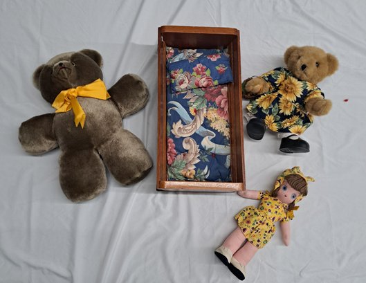 Baby Doll Bed With Cushion, Frederick's And Nelson 1950's Teddy Bear, 1940's Cloth American Doll