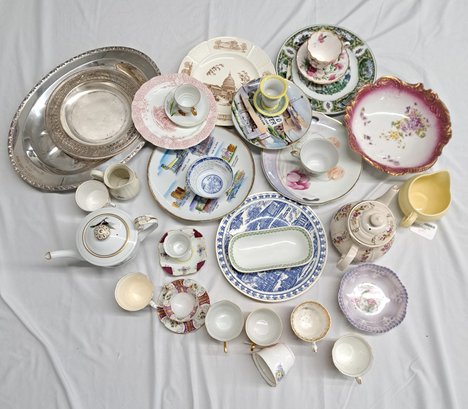 Assortment Of China Including Plates, Teacups And Saucers, Teapots And Silver Metal Serving Trays