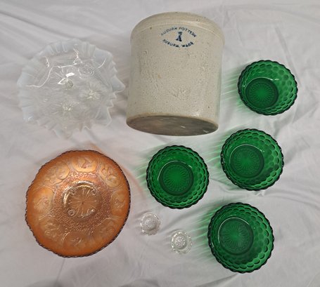 Stoneware Crock, Glass Salt Cellars, Dragon And Lotus Carnival Glass Bowl, Anchor Hocking Bubble Bowls