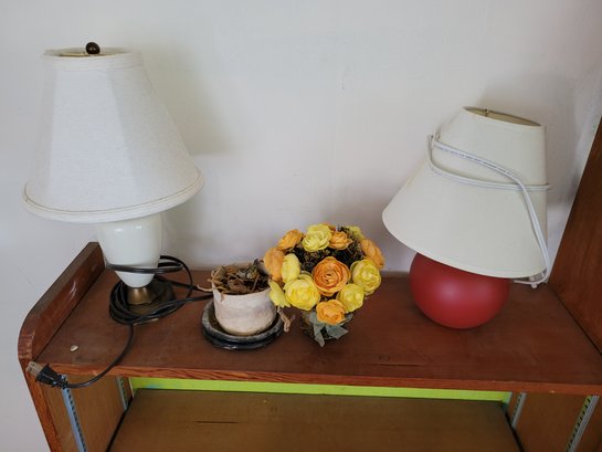 R10 Table Top Lamps, Silk Flower Bouquet And Planter