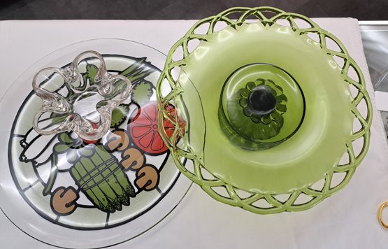 Green Glass Cake Platter, Glass Serving Tray And Decorative Glass Candy Dish