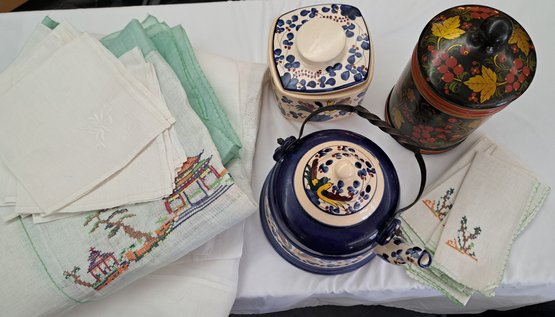 Eduardo Vega Cuenca Dish With Lid And Teapot, Russian Tea Canister, Assortment Of Table Linens And Napkins