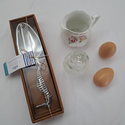 Seahorse Handle Serving Spoon, Faroy Glass Nesting Chick Dish, Vintage Creamer Pitcher And Decorative Eggs
