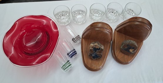 Agate Book Ends, Red Glass Bowl, Five Scotch Glasses, Three Liquear Shot Glasses