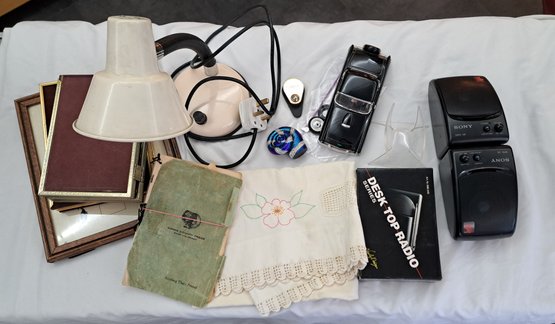 Vintage Desk Lamp, Desk Top Radio And Speakers, Model Car, Vintage Folding Picture Frames, Embroidered Pillow