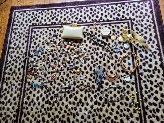 R4 Collection Of Costume Jewelry Including Clip On Earrings, Necklaces, Charms, Handcase Hand Bag And Other It