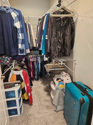 R1 Closet Lot To Include All Women's Clothing, Hangers, Plastic Storage Containers With Items, And Luggage