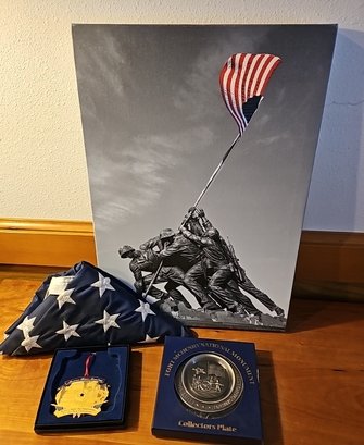R5 Lot To Include Military Items Such As Flag, Canvas Print Ornament And Collector's Plate