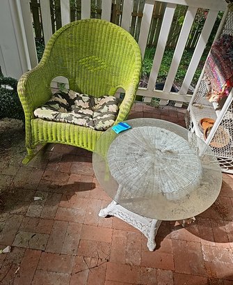 R00 Lot To Include Lime Green Wicker Rocking Chair With Wicker/glass Table