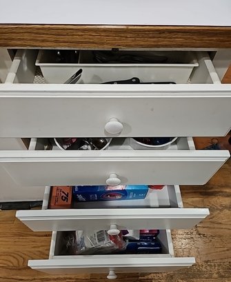 R10 Four Drawers Filled With Gorham Flatware, Various Knives, Plastic Wrap, Foil, Teaspoons, Bags And More