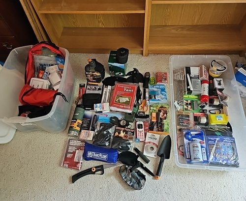 R8 Container Of More Survival Supplies, Small Cooking Set, Bulldog Case, Stanley Thermos And More